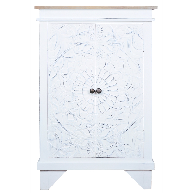 Cottage Solid Wood Carved Accent Cabinet in Distressed White/Driftwood Brown