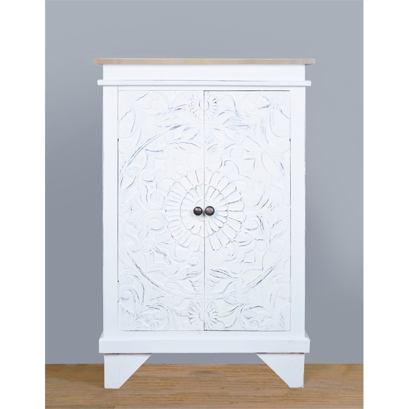 Cottage Solid Wood Carved Accent Cabinet in Distressed White/Driftwood Brown