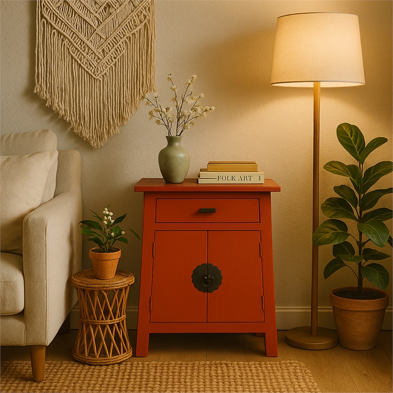 Cottage Solid Wood Zen End Table Nightstand in Distressed Red