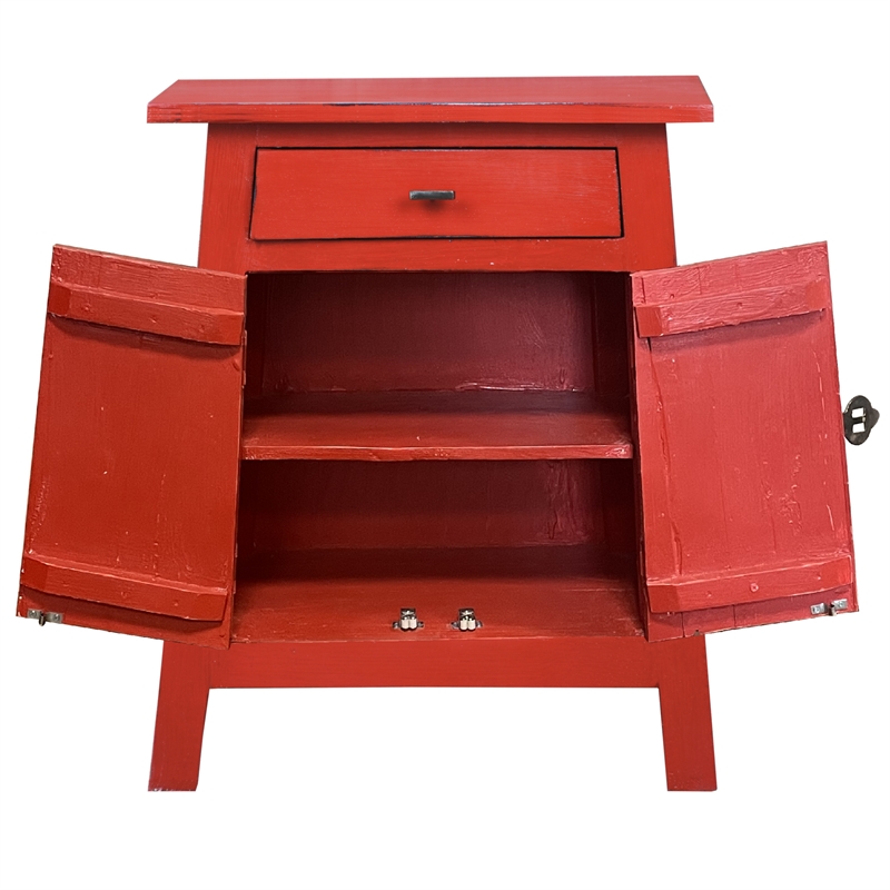 Cottage Solid Wood Zen End Table Nightstand in Distressed Red