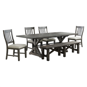 Trestle 6PC 96&quot Rectangle Extendable Dining Table Set with Bench in Gray Wood