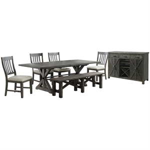 Trestle 96&quot Rectangle Extendable Dining Table Set with Bench/Server in Gray Wood