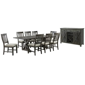 Trestle 10Pc 96&quot Rectangle Extendable Dining Table Set /Wine Server in Gray Wood