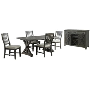 Trestle 6Pc 96&quot Rectangle Extendable Dining Table Set /Wine Server in Gray Wood