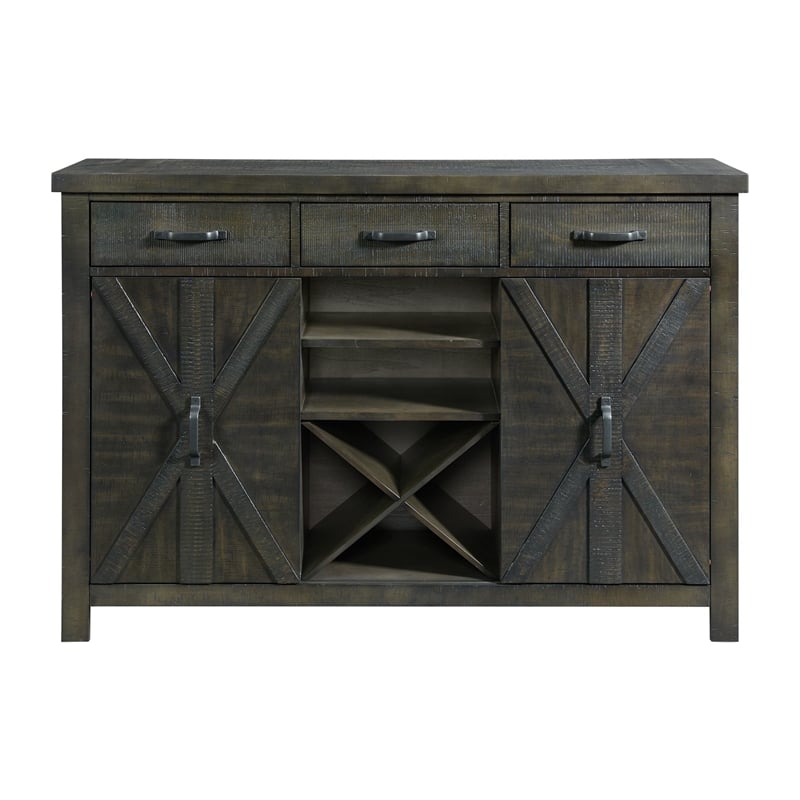 Trestle Server with Wine Rack Shelves Drawers in Distressed Gray Solid Wood