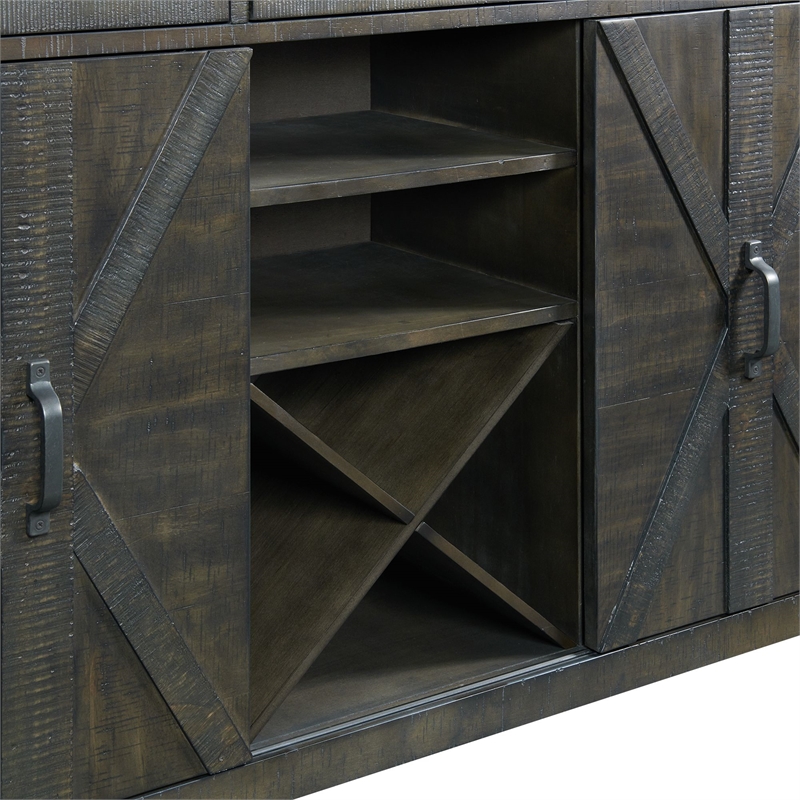Trestle Server with Wine Rack Shelves Drawers in Distressed Gray Solid Wood
