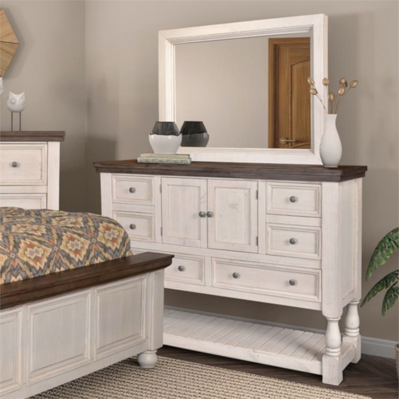 Rustic French Dresser Mirror Set 6 Drawers/Cabinets/Shelf in White/Brown Wood