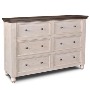 Rustic French 6 Drawer Double Dresser in Distressed White/Brown Wood