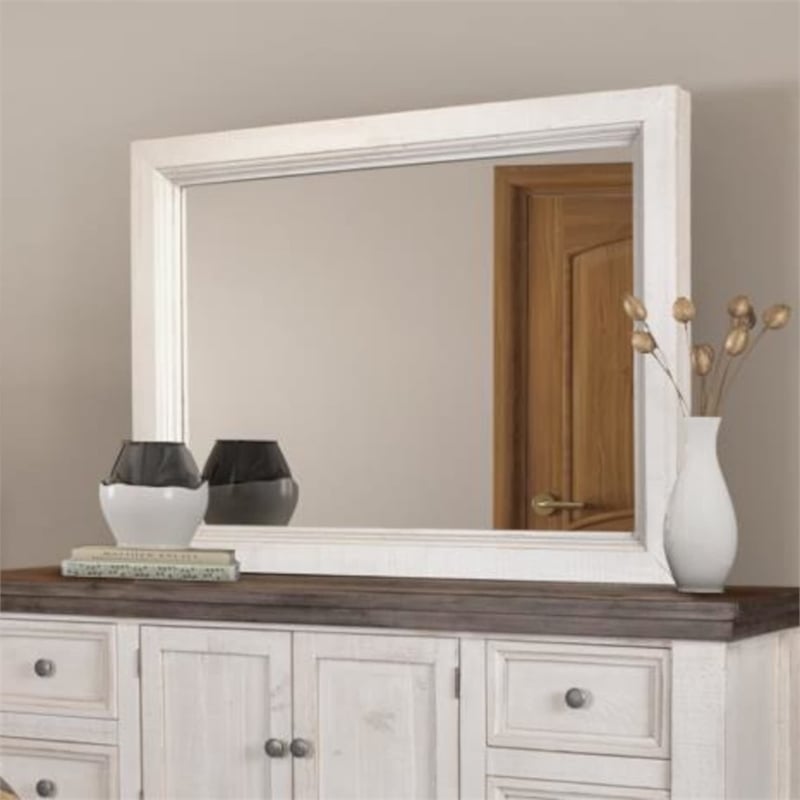 Rustic French Bedroom Mirror in Distressed White/Brown Solid Wood