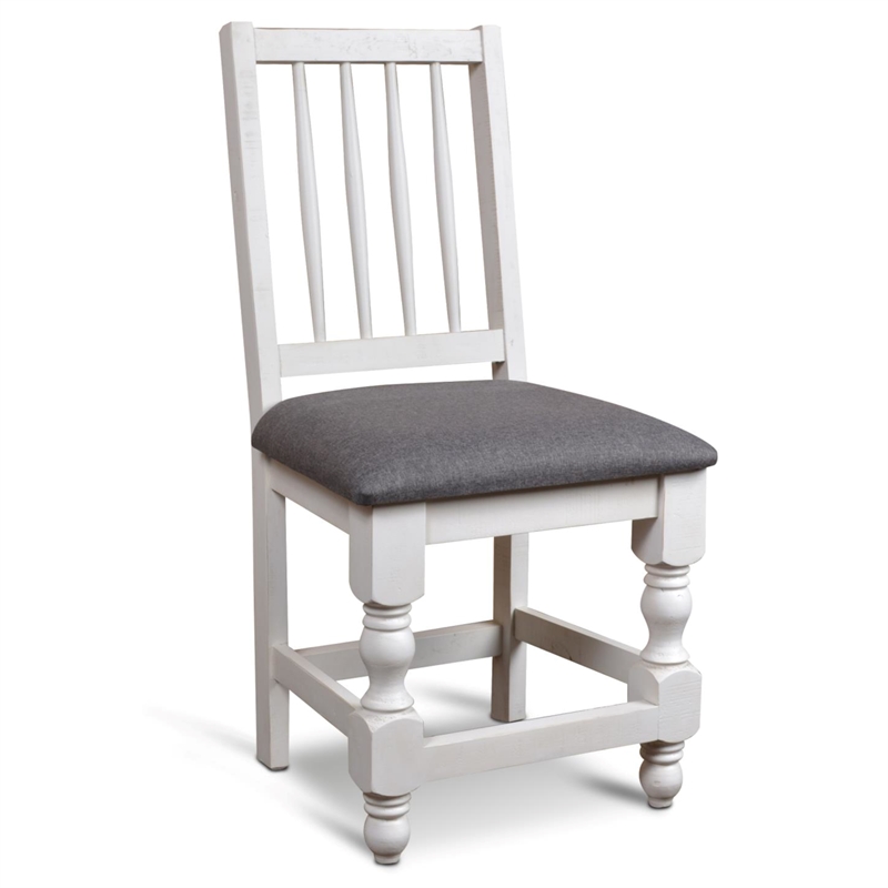 Rustic French Dining Chair in Distressed White Wood/Brown Fabric Seat Set of 2