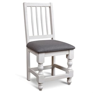 Rustic French Dining Chair in Distressed White Wood/Brown Fabric Seat Set of 2