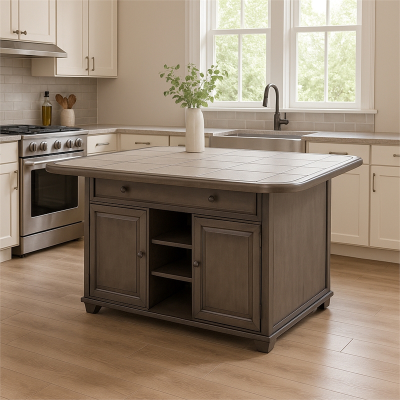 Shades of Gray Kitchen Island in Solid Wood with Grey Tile Top