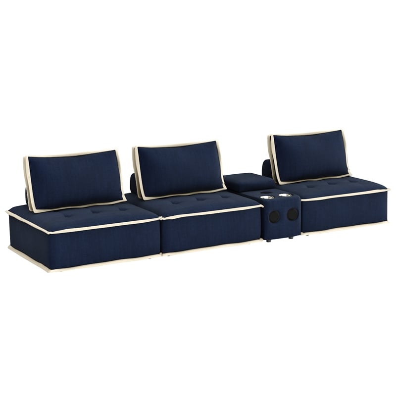 Pixie 4Pc Sectional Module Sofa/Speaker Console USB Storage/Blue/Cream Fabric