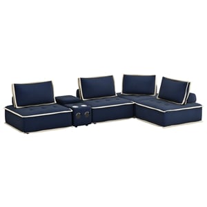 Pixie 5Pc L-Shaped Modular Sofa w Speaker Console USB Storage Blue/Cream Fabric