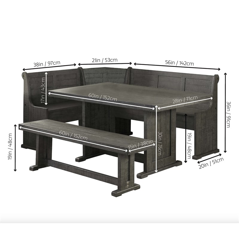 Sunny Dining Nook Table Set in Gray Wood with Kitchen Corner Storage Bench