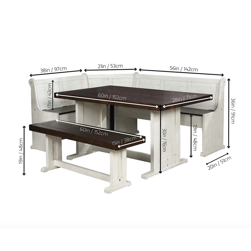 Sunny Dining Nook Table Set / Cream/Brown Wood with Kitchen Corner Storage Bench