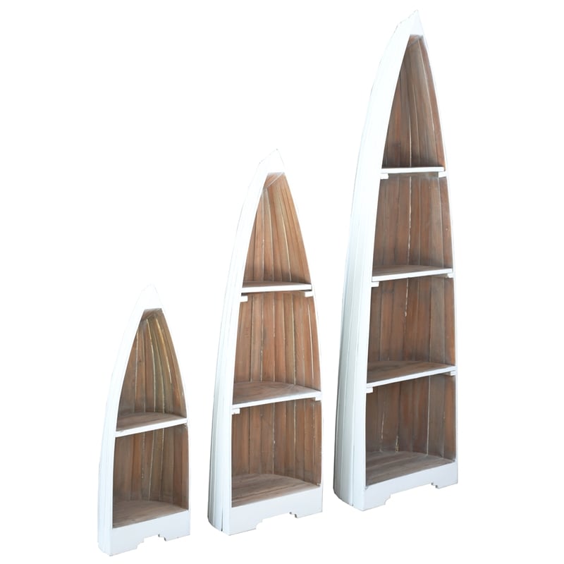 Cottage 3 Boat Shaped Freestanding Shelves in White Driftwood Brown Solid Wood