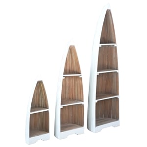 Cottage 3 Boat Shaped Freestanding Shelves in White Driftwood Brown Solid Wood