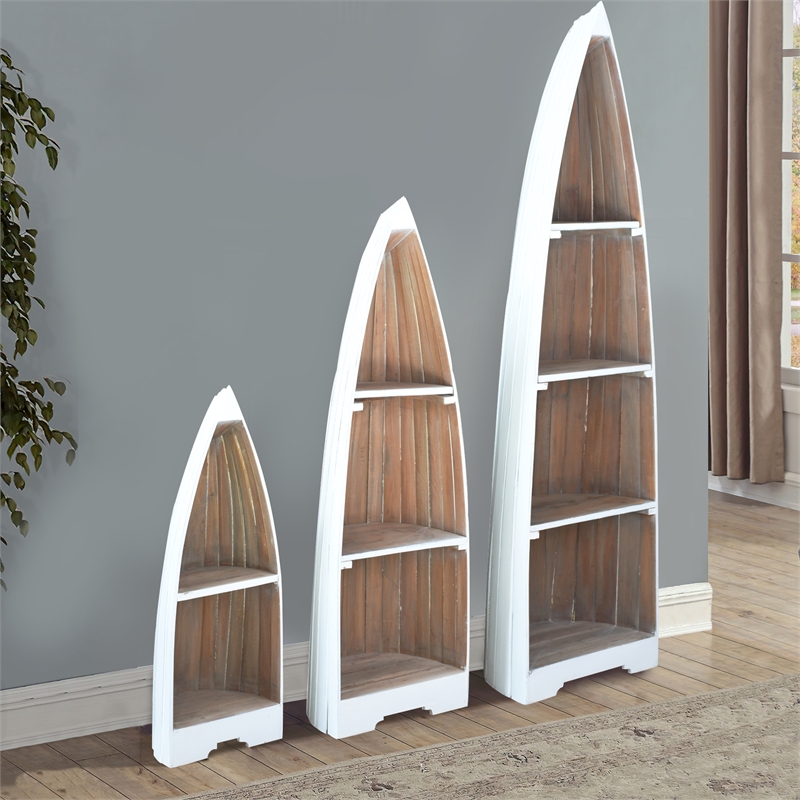 Cottage 3 Boat Shaped Freestanding Shelves in White Driftwood Brown Solid Wood