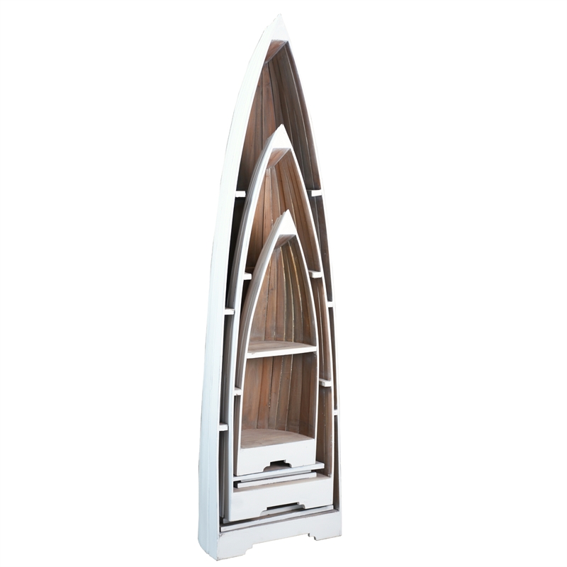Cottage 3 Boat Shaped Freestanding Shelves in White Driftwood Brown Solid Wood