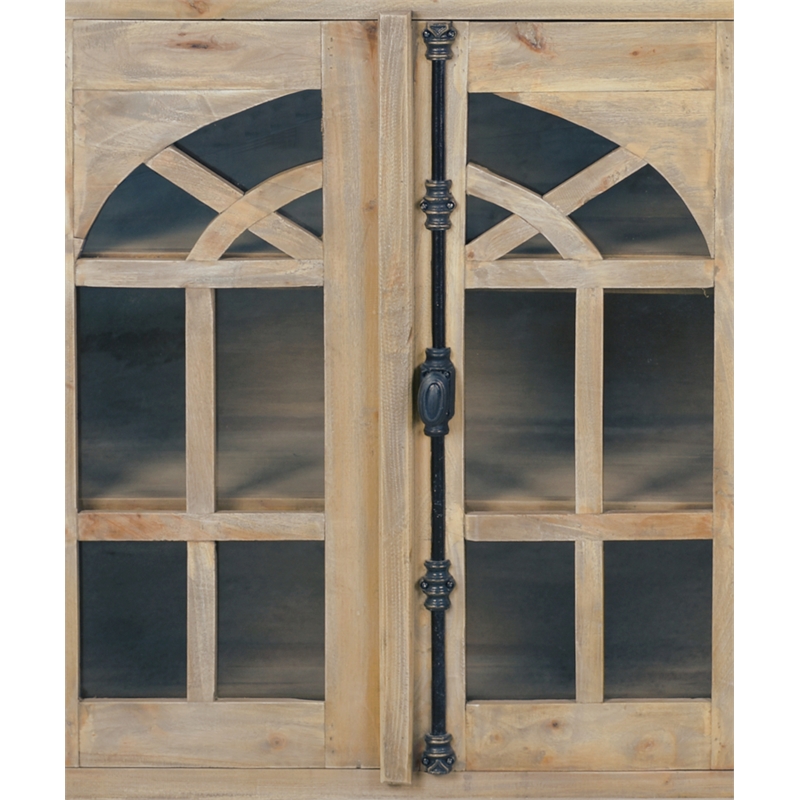 Cottage Arched Glass Door Credenza Driftwood Brown Solid Wood Display Cabinet