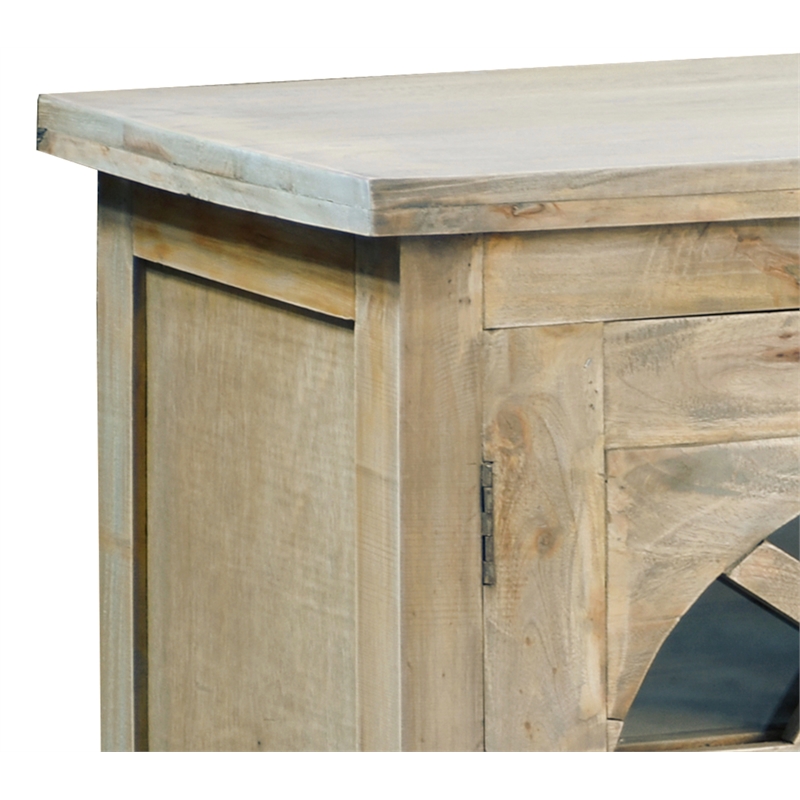 Cottage Arched Glass Door Credenza Driftwood Brown Solid Wood Display Cabinet