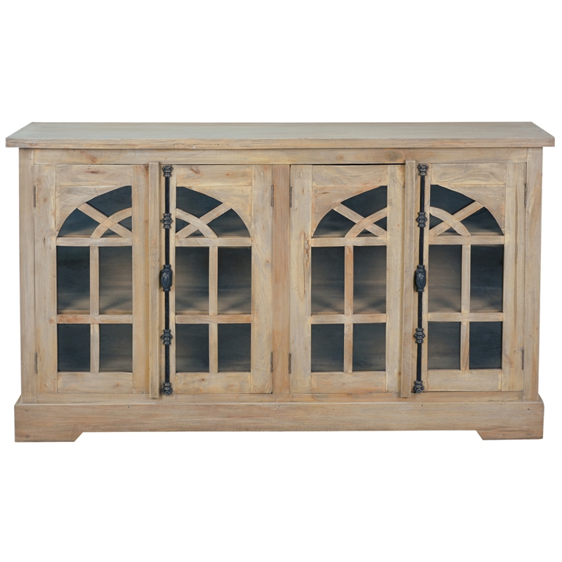 Cottage Arched Glass Door Credenza Driftwood Brown Solid Wood Display Cabinet