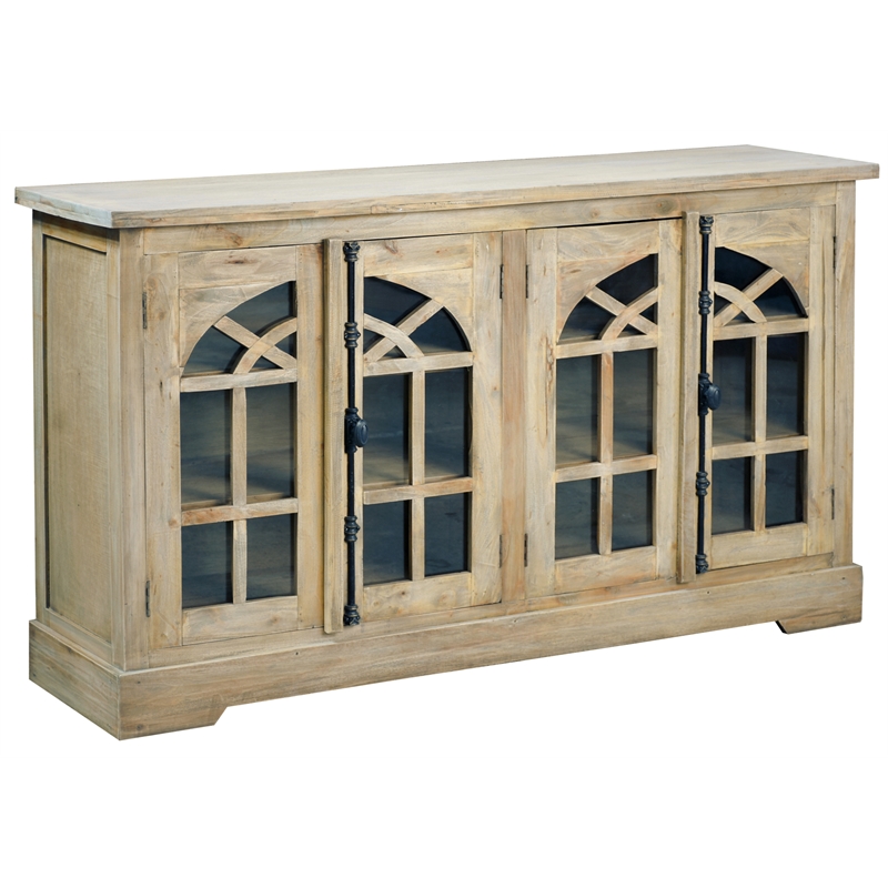 Cottage Arched Glass Door Credenza Driftwood Brown Solid Wood Display Cabinet