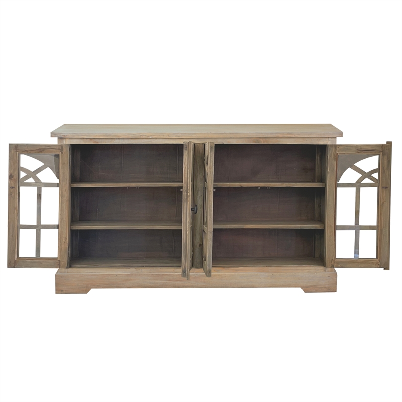 Cottage Arched Glass Door Credenza Driftwood Brown Solid Wood Display Cabinet