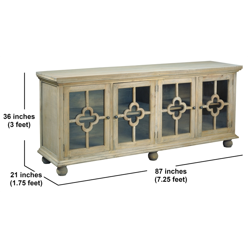 Cottage Clover Glass Door Credenza Driftwood Brown Solid Wood Display Cabinet