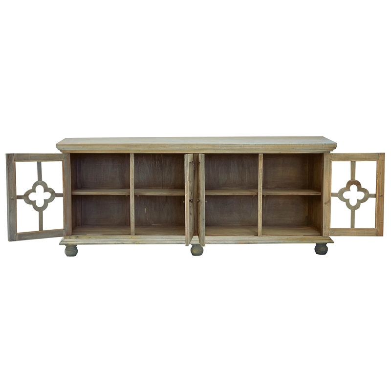 Cottage Clover Glass Door Credenza Driftwood Brown Solid Wood Display Cabinet