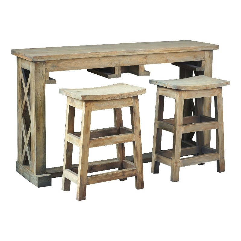 Cottage Rectangle 3PC Dining Table Set w Stools Brown Solid Wood No Assembly