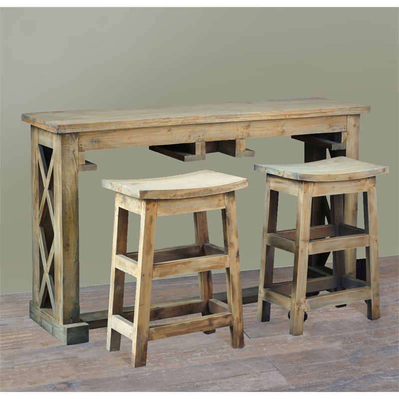 Cottage Rectangle 3PC Dining Table Set w Stools Brown Solid Wood No Assembly