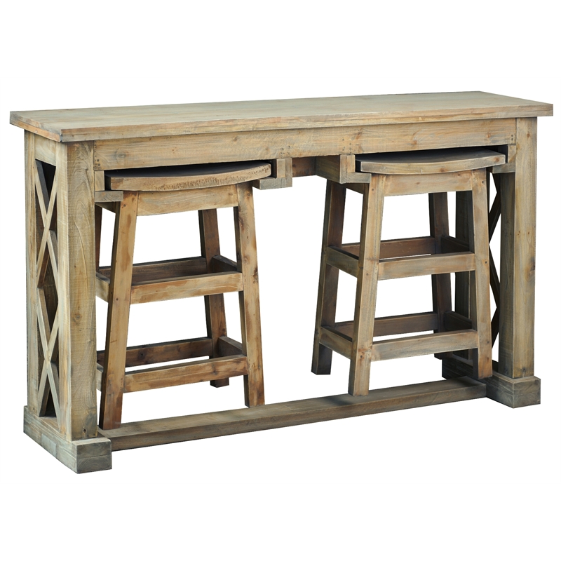 Cottage Rectangle 3PC Dining Table Set w Stools Brown Solid Wood No Assembly