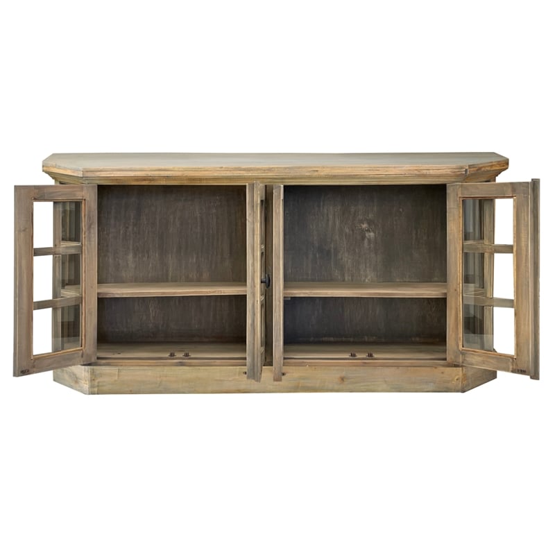 Cottage Window Pane Door Display Sideboard Brown Entryway Cabinet Solid Wood
