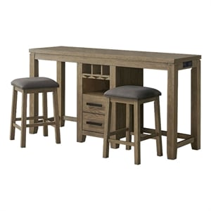 Saunders 3PC Sofa Console Bar Table Set USB/Wine Rack 2 Stools Brown Acacia Wood