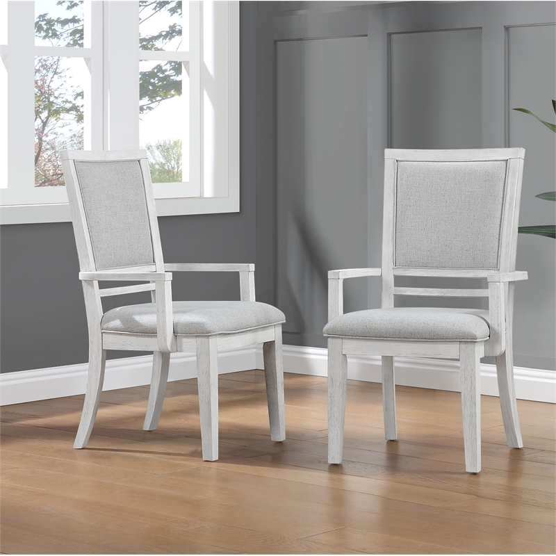 Sunset Trading Dover Upholstered Dining Arm Chair Cerused White Wood Set of 2