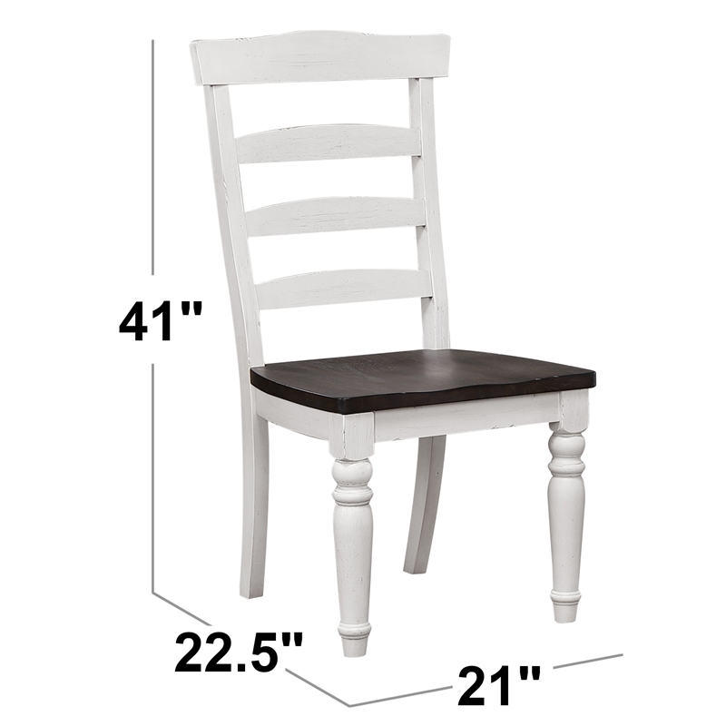 French Chic Ladder Back Dining Chairs Set of 2 Antique White & Walnut Brown Wood