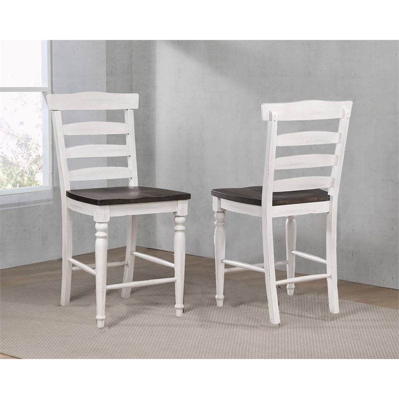 French Chic Ladderback Barstools Set of 2 Antique White & Walnut Brown Wood