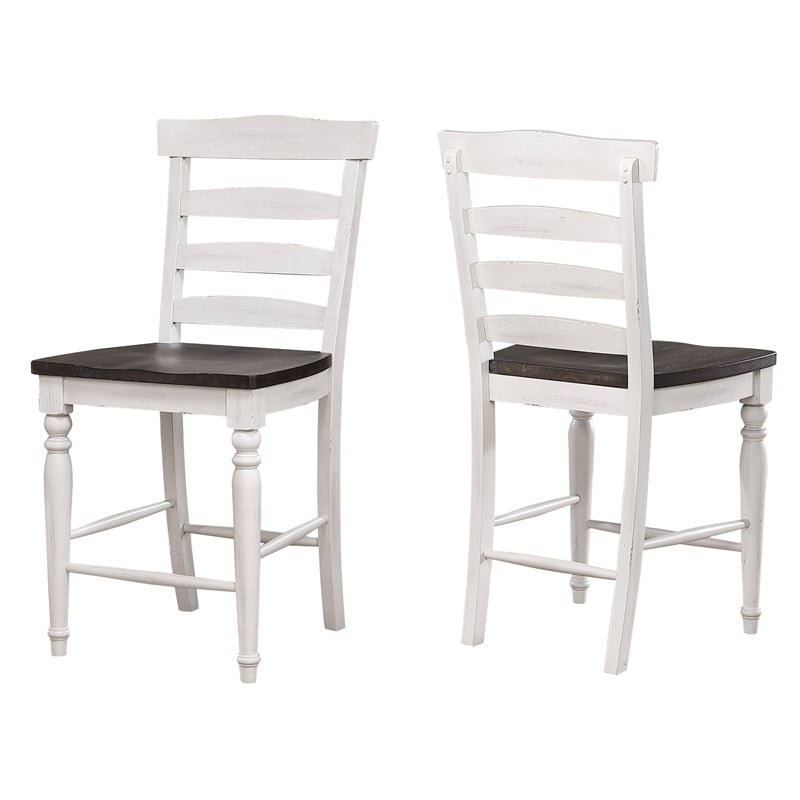 French Chic Ladderback Barstools Set of 2 Antique White & Walnut Brown Wood