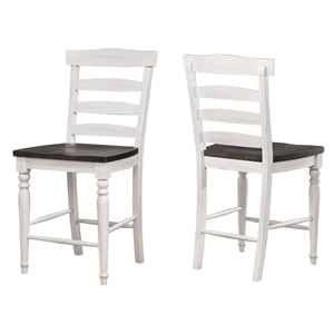 French Chic Ladderback Barstools Set of 2 Antique White & Walnut Brown Wood
