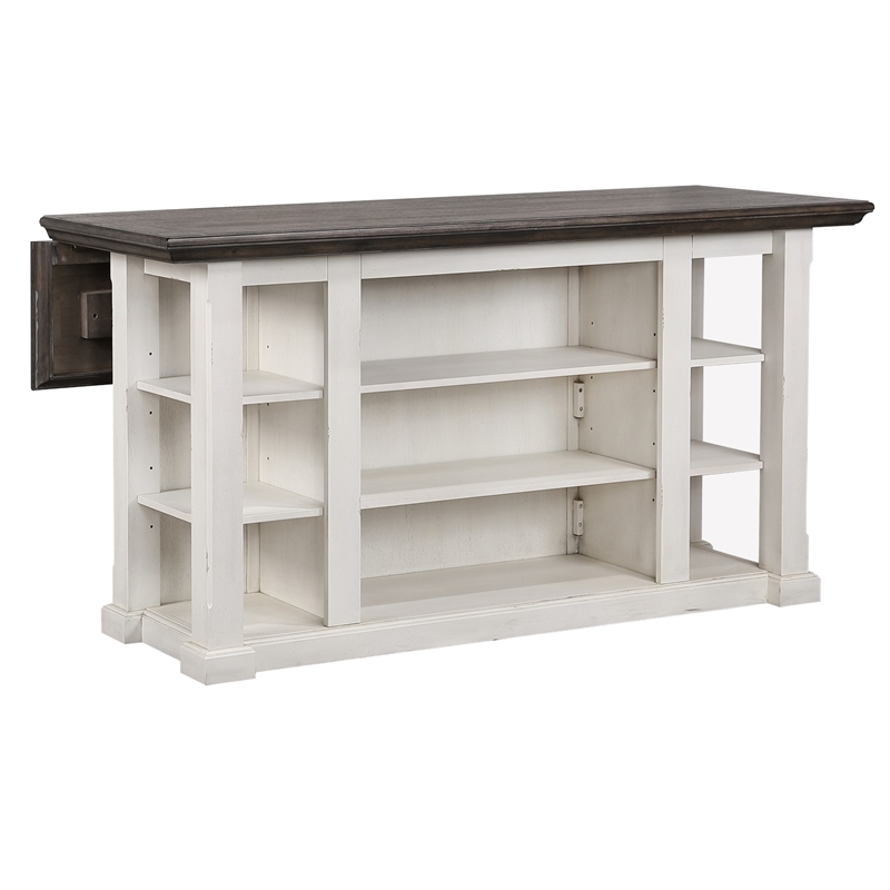 French Chic Dropleaf Kitchen Island Bar Antique White & Walnut Brown Wood