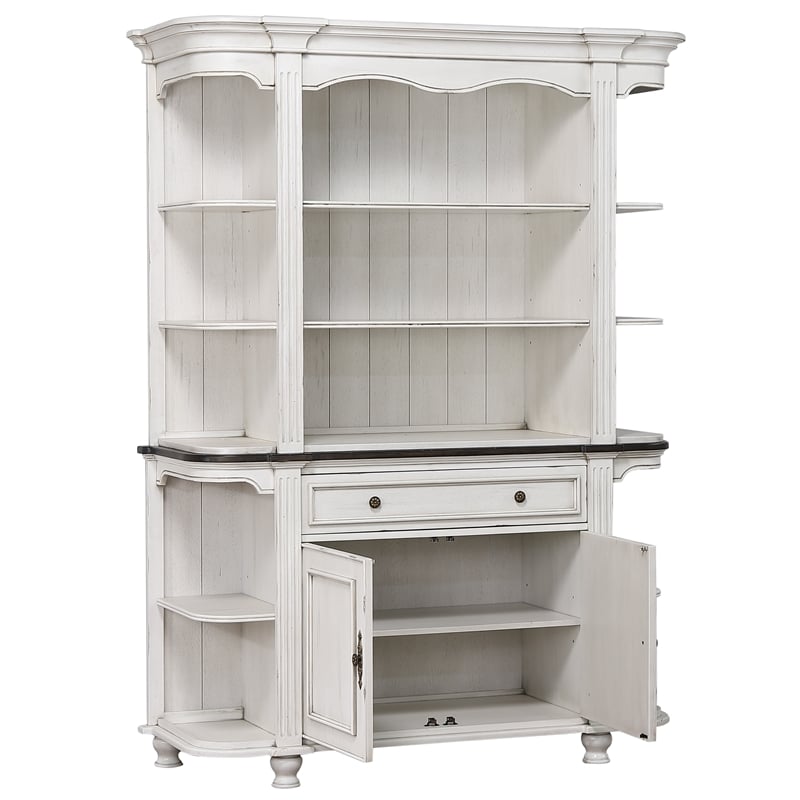 French Chic China Cabinet Hutch w Storage White & Walnut Brown Wood