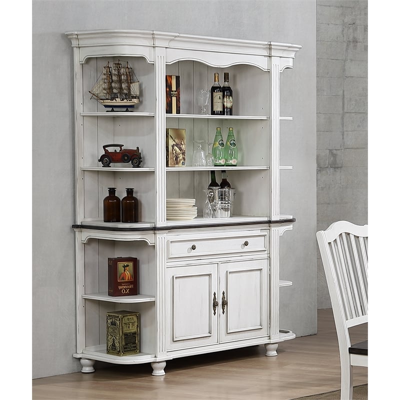French Chic China Cabinet Hutch w Storage White & Walnut Brown Wood