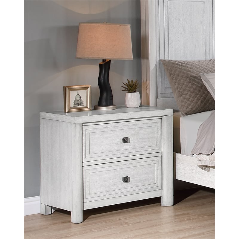 Sunset Trading Dover 2 Drawer Nightstand w USB Charger in Cerused White Oak Wood
