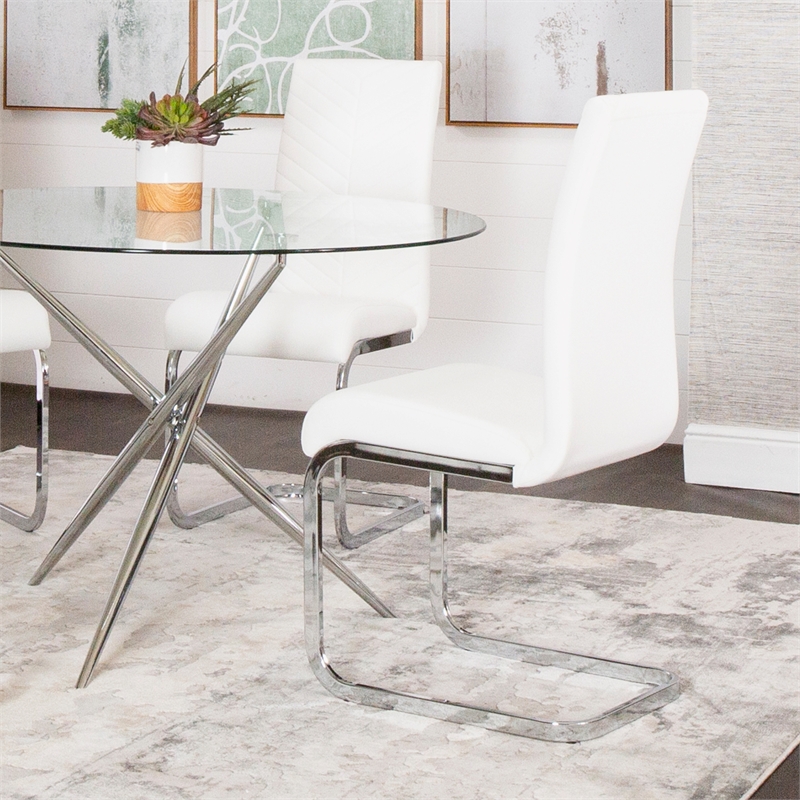 Two Modern Mist White Faux Leather Dining  Side Chairs w Chrome Cantilever Base