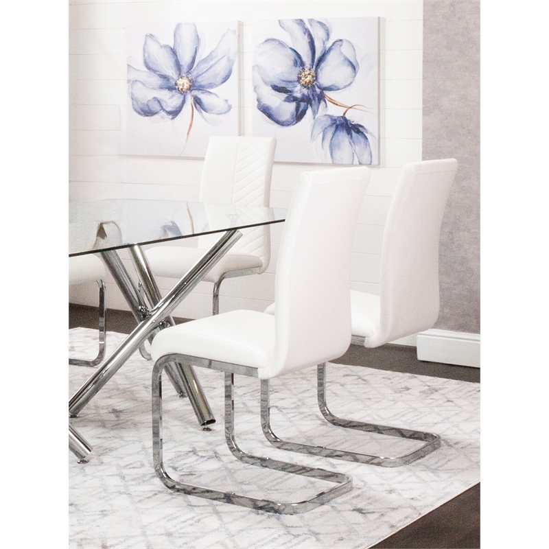 Two Modern Mist White Faux Leather Dining  Side Chairs w Chrome Cantilever Base