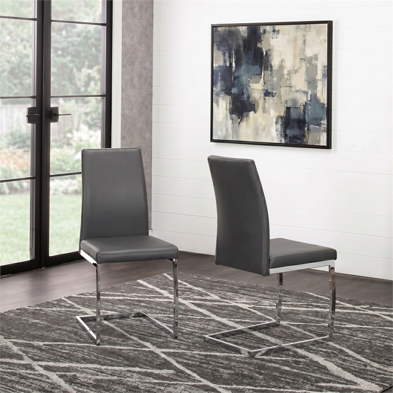 Sela Gray Faux Leather Padded Dining Chairs Chrome Cantilever Base Set of 2