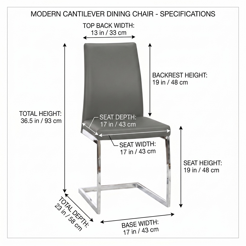 Sela Gray Faux Leather Padded Dining Chairs Chrome Cantilever Base Set of 2