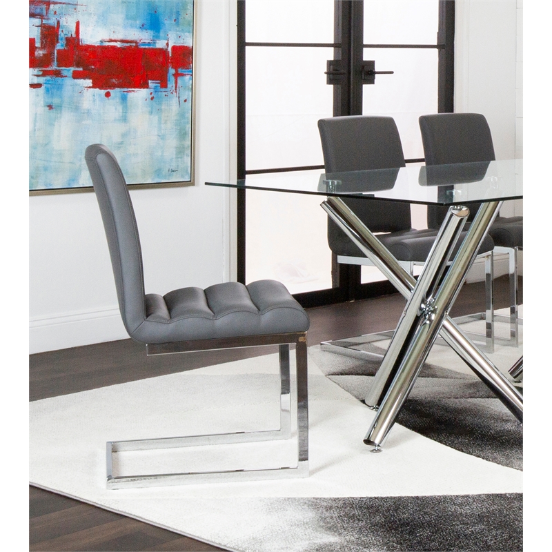 Delta Dark Gray Faux Leather Chrome Cantilever Dining Chairs Set of 2 Sidechairs